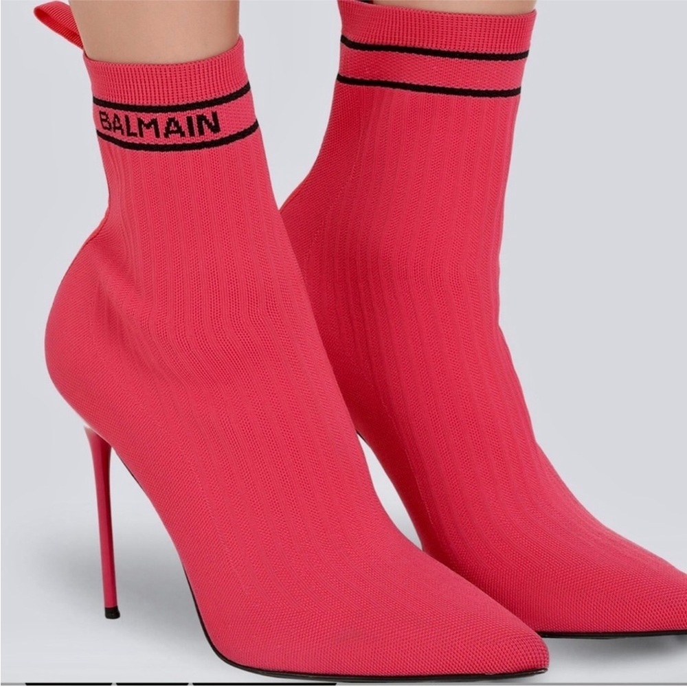 Balmain Skye knit ankle boots fushia heels - Picture 1 of 4